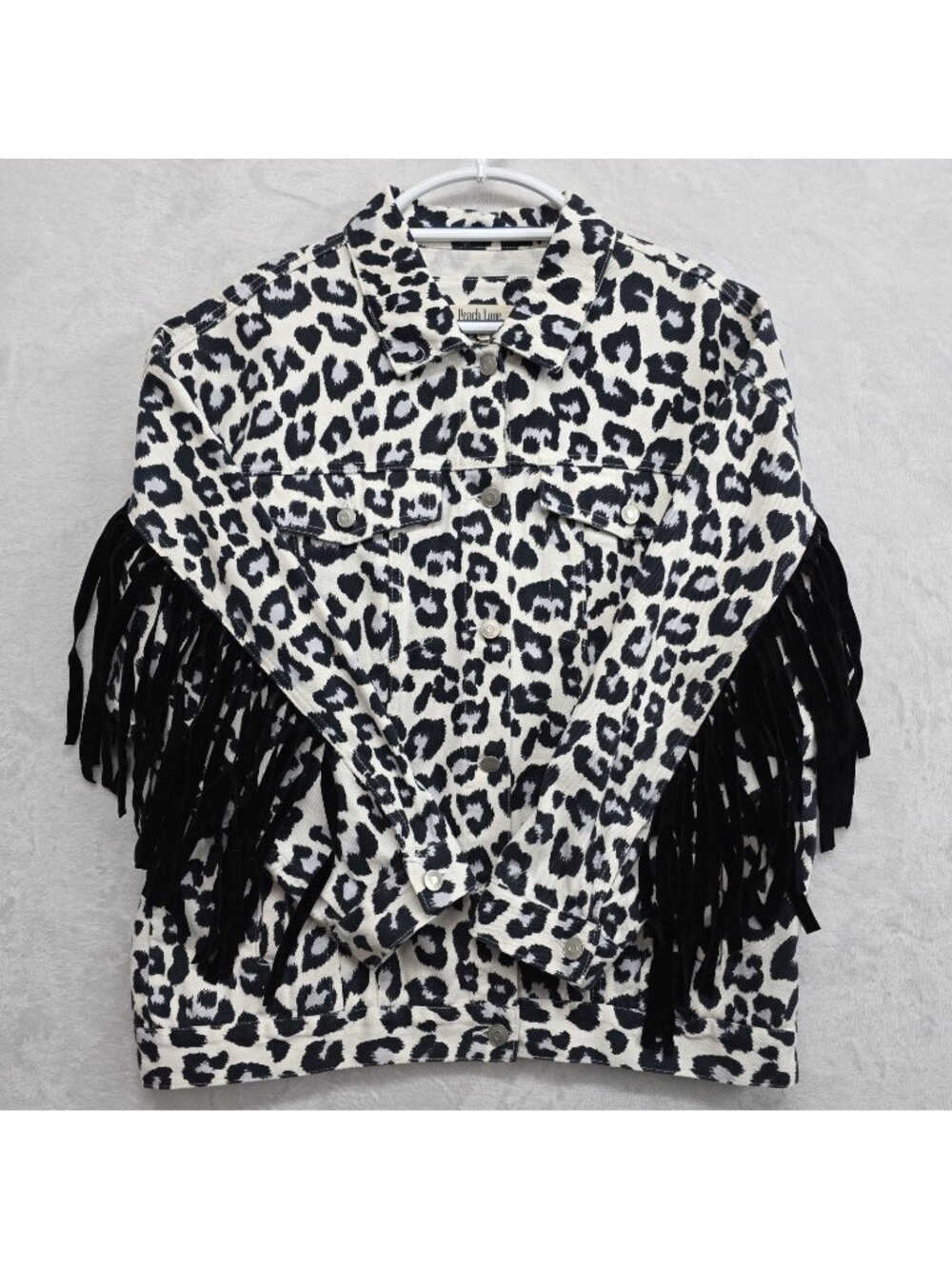 Peach Love California Fringe Oversized Leopard Print Denim Jacket Size M Y2k